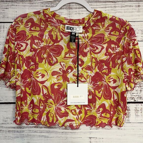 Beach Riot Kathleen Crop Top Floral Tropical Cover Up Pink Hawaiian Mesh NWT New - Picture 3 of 9